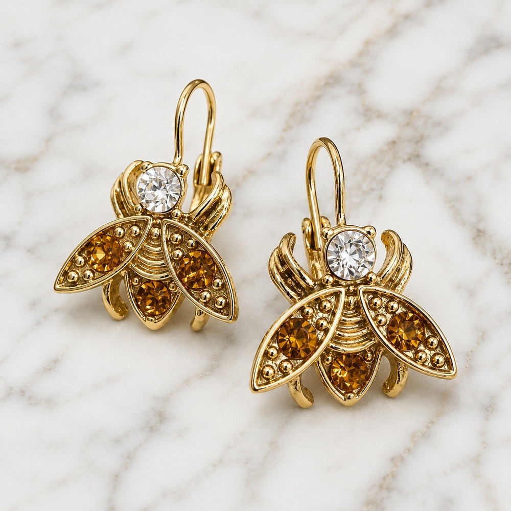 Joan Rivers Bee Earrings Gold Tone Amber Clear Crystal Lever back Vintage Unworn